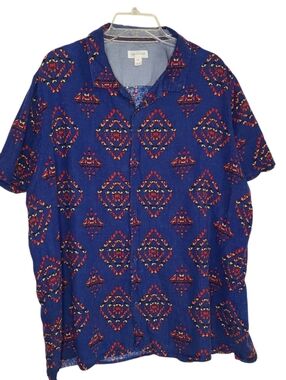 Sun + Stone Men's XXL Blue Linen Blend Southwestern Aztec Short Sleeve Shirt